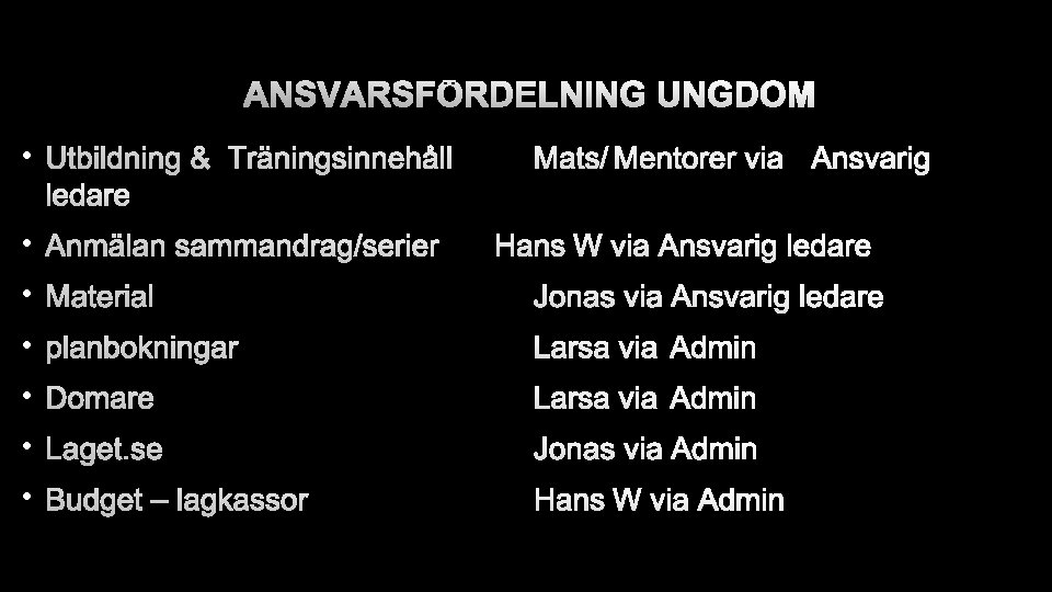 ANSVARSFÖRDELNING UNGDOM • UTBILDNING & TRÄNINGSINNEHÅLL MATS/MENTORER VIA ANSVARIG LEDARE • ANMÄLAN SAMMANDRAG/SERIER HANS