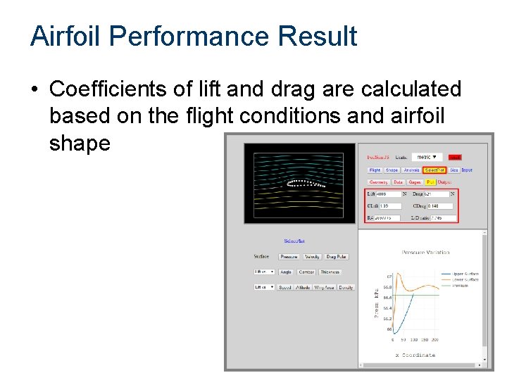 Airfoil Performance Result • Coefficients of lift and drag are calculated based on the