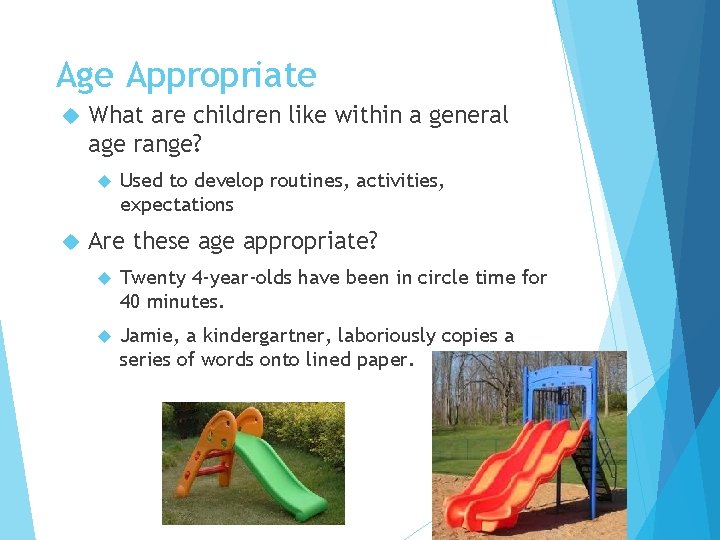 Age Appropriate What are children like within a general age range? Used to develop