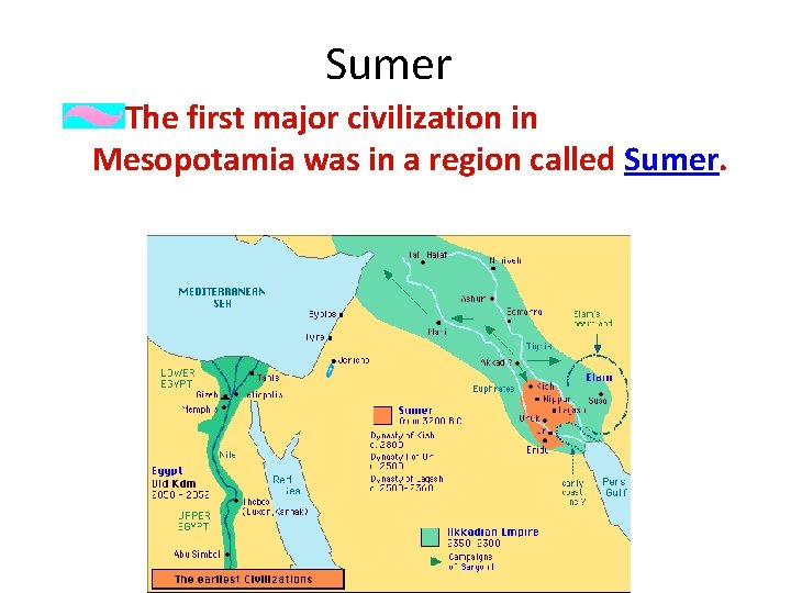 Sumer The first major civilization in Mesopotamia was in a region called Sumer. 