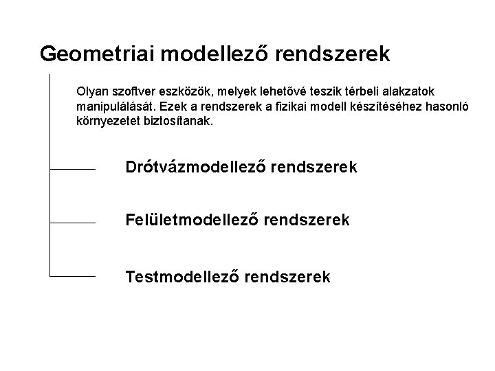 Geometriai modellező rendszerek Olyan szoftver eszközök, melyek lehetővé teszik térbeli alakzatok manipulálását. Ezek a Geometriai modellező rendszerek Olyan szoftver eszközök, melyek lehetővé teszik térbeli alakzatok manipulálását. Ezek a