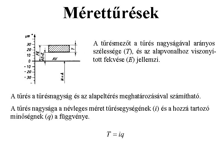 Mérettűrések A tűrésmezőt a tűrés nagyságával arányos szélessége (T), és az alapvonalhoz viszonyított fekvése Mérettűrések A tűrésmezőt a tűrés nagyságával arányos szélessége (T), és az alapvonalhoz viszonyított fekvése