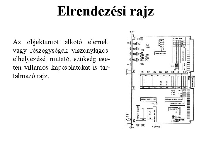 Elrendezési rajz Az objektumot alkotó elemek vagy részegységek viszonylagos elhelyezését mutató, szükség esetén villamos Elrendezési rajz Az objektumot alkotó elemek vagy részegységek viszonylagos elhelyezését mutató, szükség esetén villamos