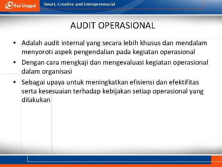 AUDIT OPERASIONAL • Adalah audit internal yang secara lebih khusus dan mendalam menyoroti aspek