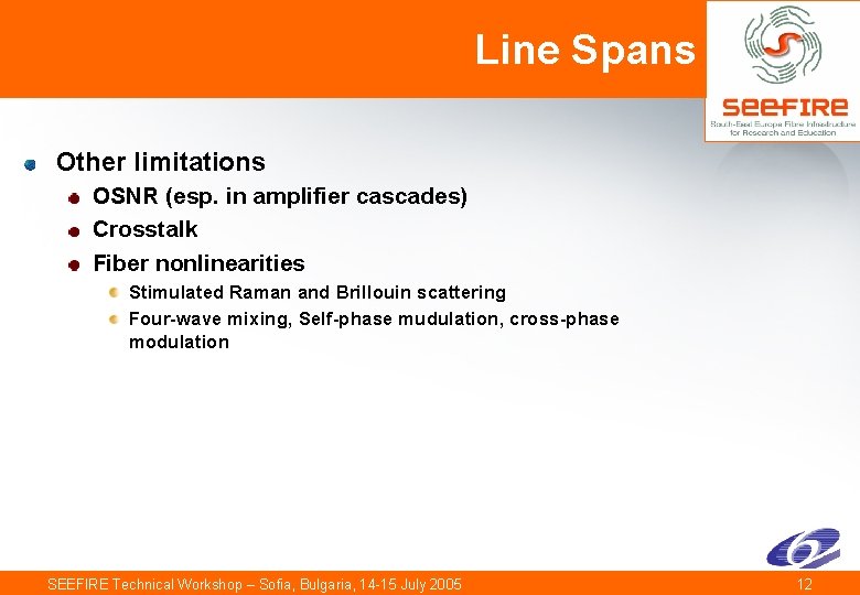 Line Spans Other limitations OSNR (esp. in amplifier cascades) Crosstalk Fiber nonlinearities Stimulated Raman