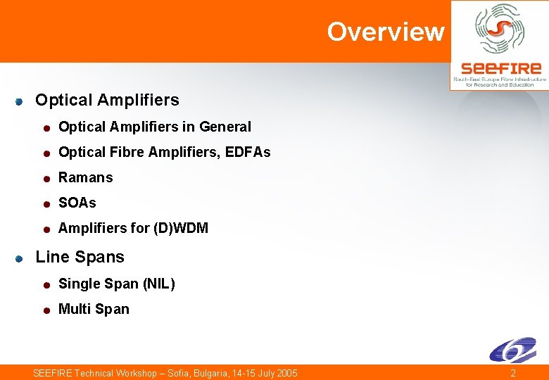 Overview Optical Amplifiers in General Optical Fibre Amplifiers, EDFAs Ramans SOAs Amplifiers for (D)WDM