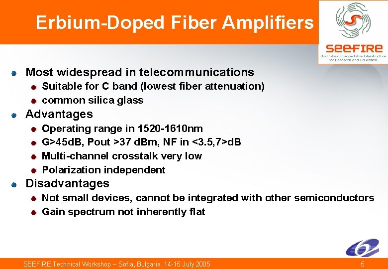 Erbium-Doped Fiber Amplifiers Most widespread in telecommunications Suitable for C band (lowest fiber attenuation)