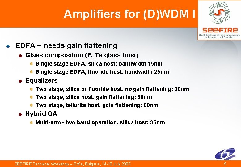 Amplifiers for (D)WDM I EDFA – needs gain flattening Glass composition (F, Te glass