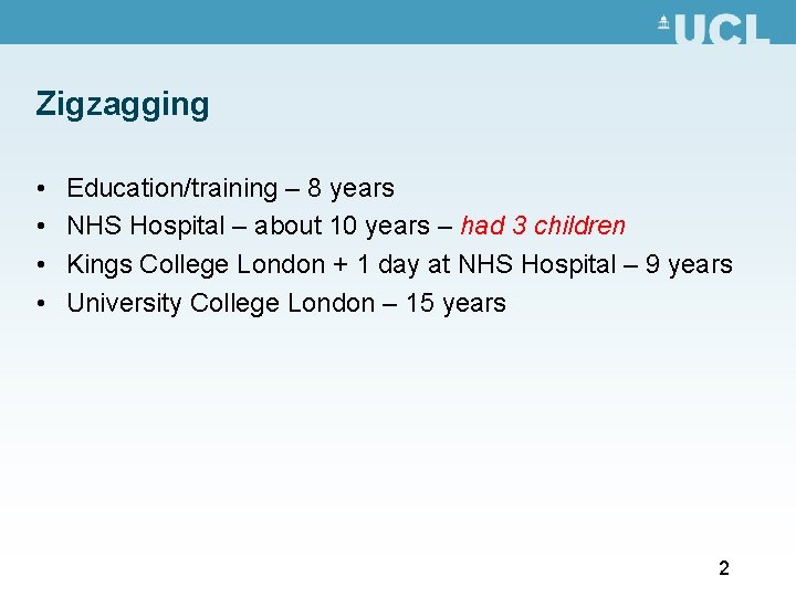 Zigzagging • • Education/training – 8 years NHS Hospital – about 10 years – Zigzagging • • Education/training – 8 years NHS Hospital – about 10 years –