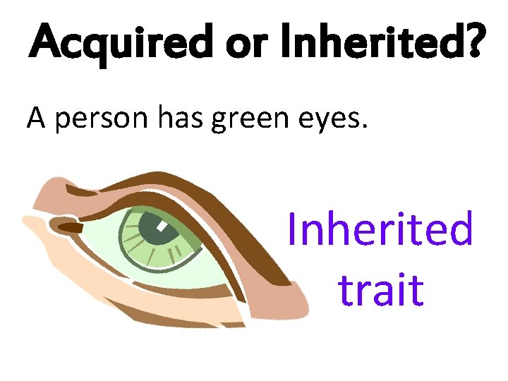 Acquired or Inherited? A person has green eyes. Inherited trait 