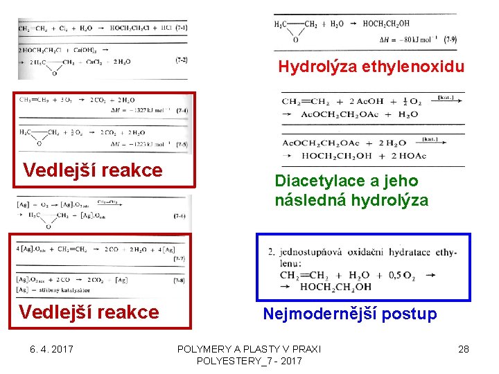 Hydrolýza ethylenoxidu Vedlejší reakce 6. 4. 2017 Diacetylace a jeho následná hydrolýza Nejmodernější postup