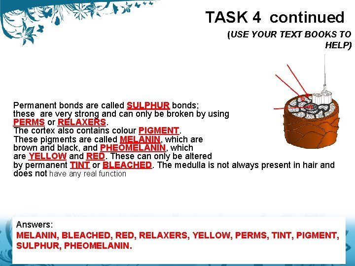 TASK 4 continued (USE YOUR TEXT BOOKS TO HELP) Permanent bonds are called SULPHUR TASK 4 continued (USE YOUR TEXT BOOKS TO HELP) Permanent bonds are called SULPHUR