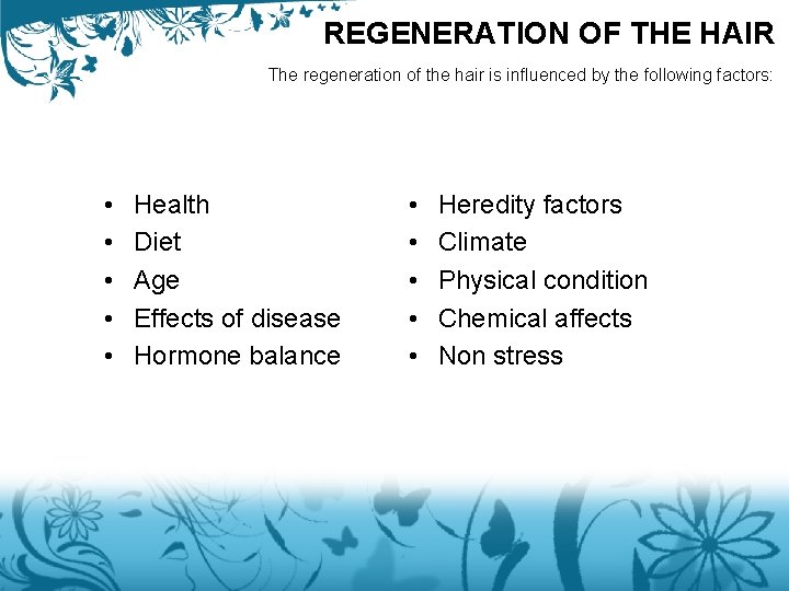 REGENERATION OF THE HAIR The regeneration of the hair is influenced by the following