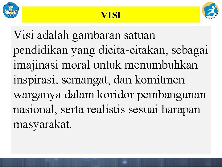VISI Visi adalah gambaran satuan pendidikan yang dicita-citakan, sebagai imajinasi moral untuk menumbuhkan inspirasi,