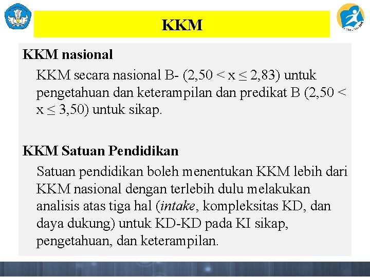 KKM nasional KKM secara nasional B- (2, 50 < x ≤ 2, 83) untuk