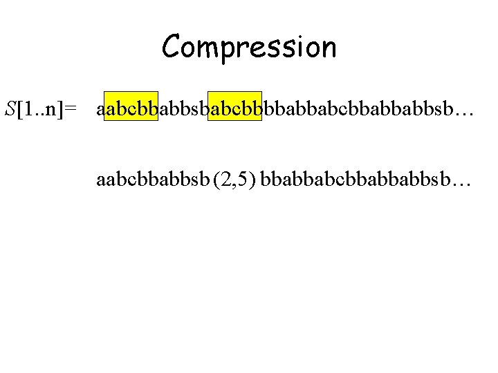 Compression S[1. . n]= aabcbbabbsbabcbbbbabbabcbbabbabbsb… aabcbbabbsb (2, 5) bbabbabcbbabbabbsb… 