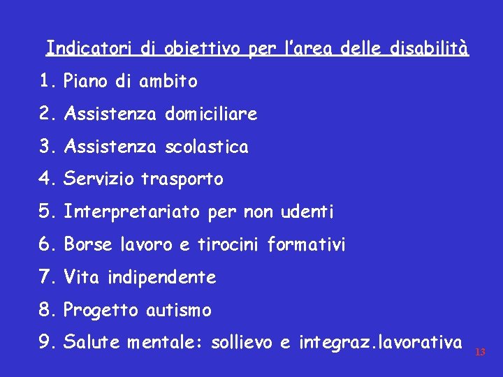 Indicatori di obiettivo per l’area delle disabilità 1. Piano di ambito 2. Assistenza domiciliare