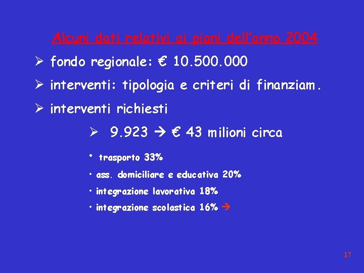 Alcuni dati relativi ai piani dell’anno 2004 Ø fondo regionale: € 10. 500. 000
