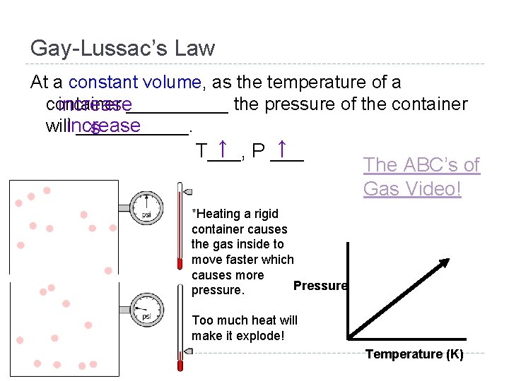Gay-Lussac’s Law At a constant volume, as the temperature of a container increase_____ the