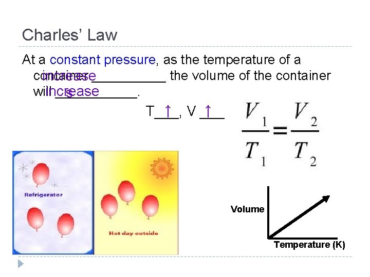 Charles’ Law At a constant pressure, as the temperature of a container increase_____ the