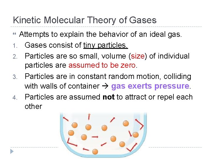 Kinetic Molecular Theory of Gases Attempts to explain the behavior of an ideal gas.