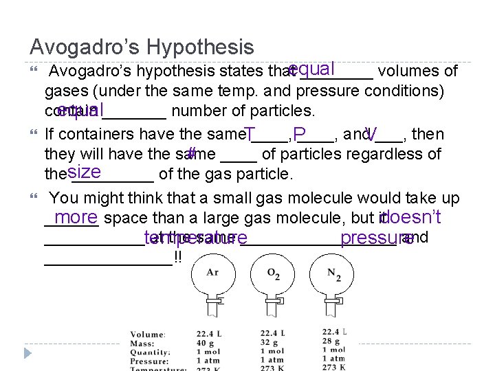 Avogadro’s Hypothesis Avogadro’s hypothesis states thatequal ____ volumes of gases (under the same temp.
