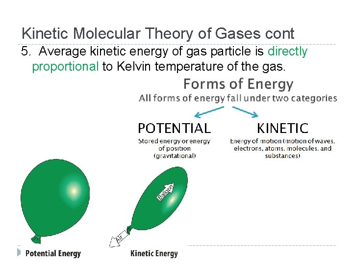 Kinetic Molecular Theory of Gases cont 5. Average kinetic energy of gas particle is