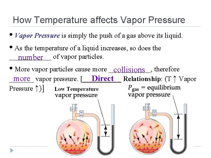 How Temperature affects Vapor Pressure • Vapor Pressure is simply the push of a