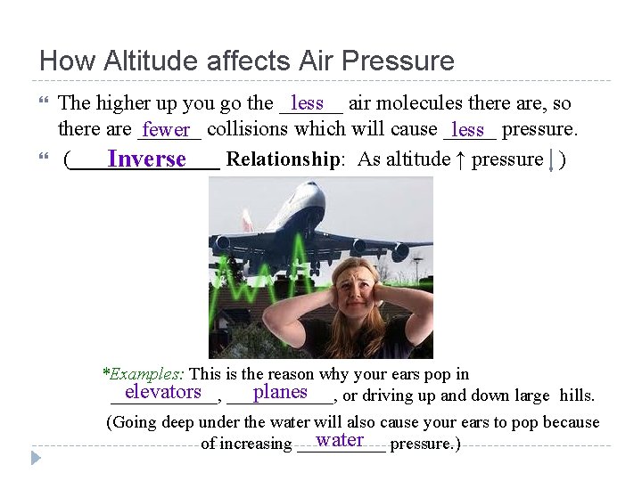 How Altitude affects Air Pressure less air molecules there are, so The higher up
