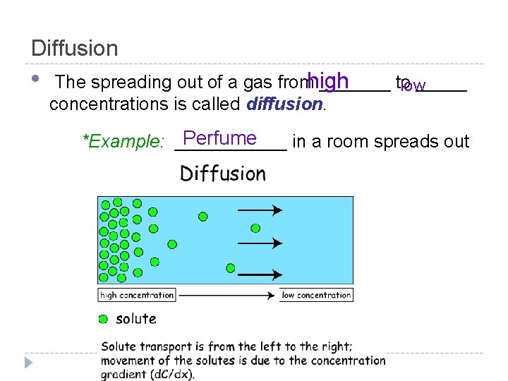 Diffusion • The spreading out of a gas fromhigh _______ to _____ low concentrations