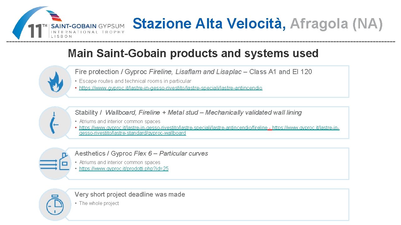 Stazione Alta Velocità, Afragola (NA) Main Saint-Gobain products and systems used Fire protection /