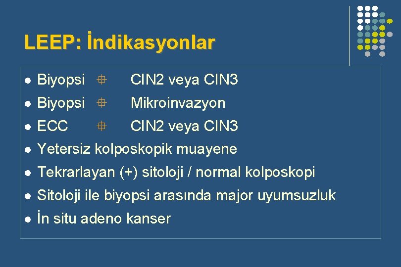 LEEP: İndikasyonlar l Biyopsi CIN 2 veya CIN 3 l Biyopsi Mikroinvazyon l ECC