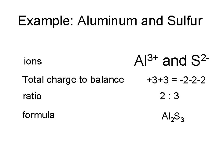 Example: Aluminum and Sulfur ions Total charge to balance Al 3+ and S 2+3+3