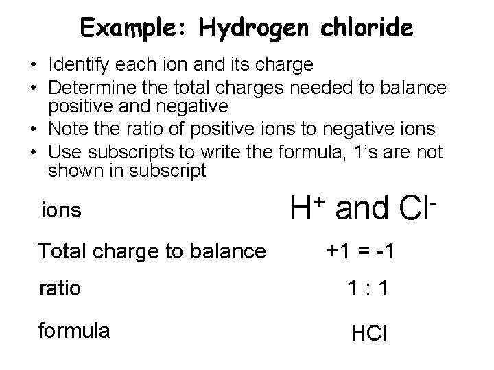 Example: Hydrogen chloride • Identify each ion and its charge • Determine the total