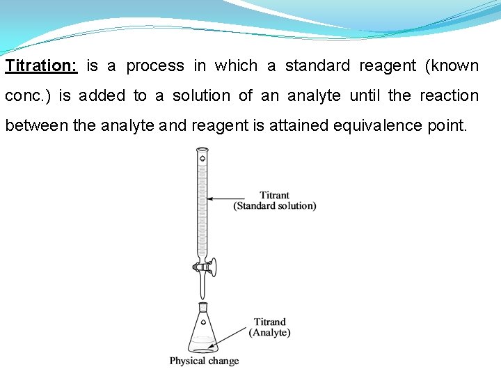 Titration: is a process in which a standard reagent (known conc. ) is added