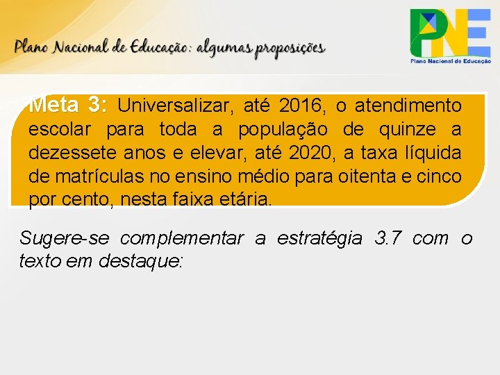 Meta 3: Universalizar, até 2016, o atendimento escolar para toda a população de quinze