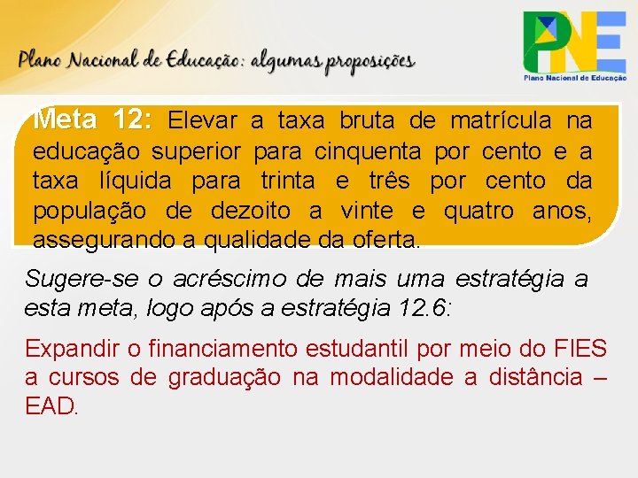 Meta 12: Elevar a taxa bruta de matrícula na educação superior para cinquenta por