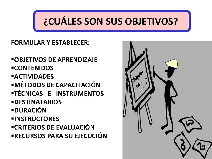 ¿CUÁLES SON SUS OBJETIVOS? FORMULAR Y ESTABLECER: §OBJETIVOS DE APRENDIZAJE §CONTENIDOS §ACTIVIDADES §MÉTODOS DE