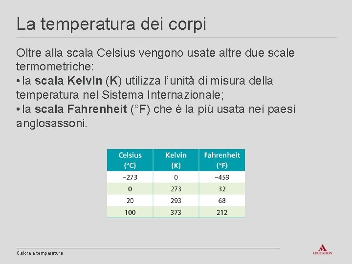 La temperatura dei corpi Oltre alla scala Celsius vengono usate altre due scale termometriche: