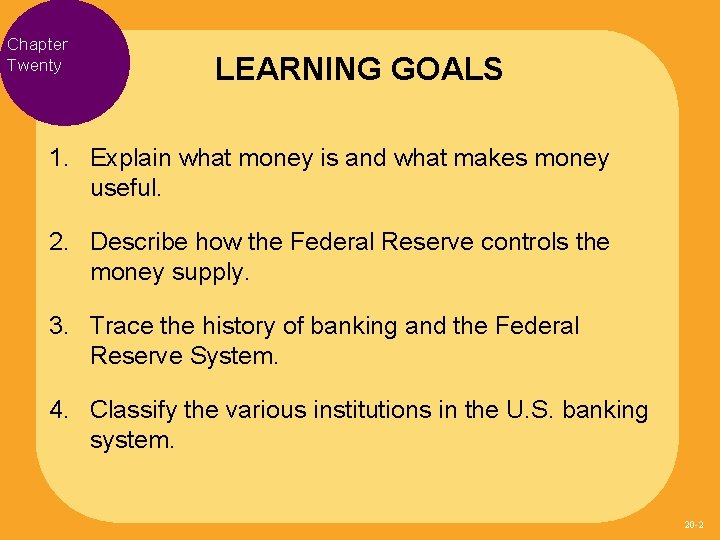 Chapter Twenty LEARNING GOALS 1. Explain what money is and what makes money useful.