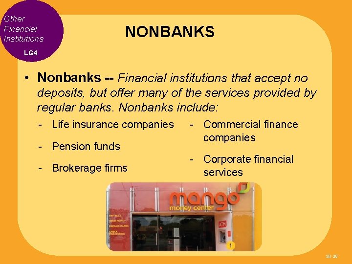Other Financial Institutions NONBANKS LG 4 • Nonbanks -- Financial institutions that accept no