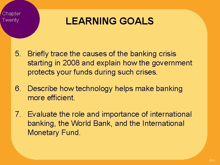 Chapter Twenty LEARNING GOALS 5. Briefly trace the causes of the banking crisis starting