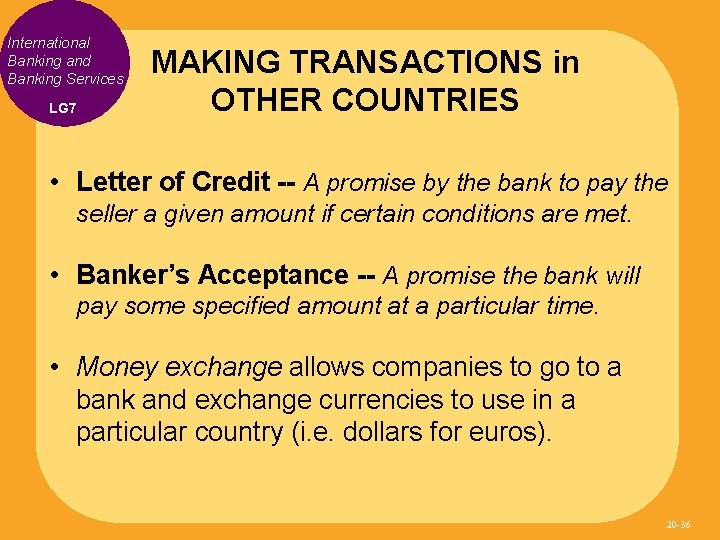 International Banking and Banking Services LG 7 MAKING TRANSACTIONS in OTHER COUNTRIES • Letter