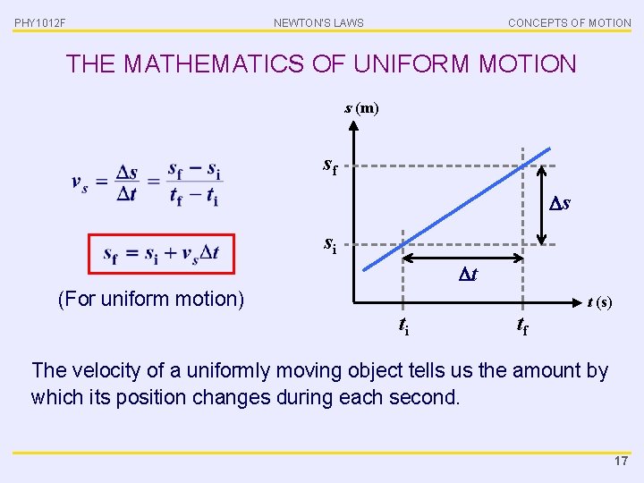 PHY 1012 F NEWTON’S LAWS CONCEPTS OF MOTION THE MATHEMATICS OF UNIFORM MOTION s