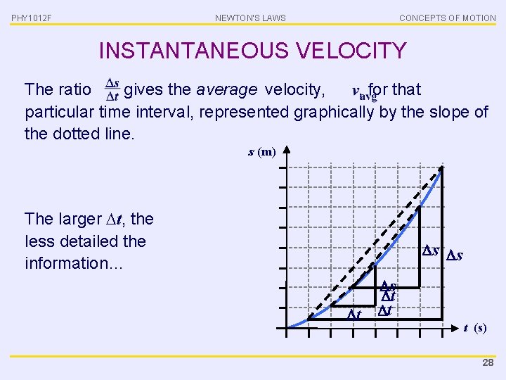 PHY 1012 F NEWTON’S LAWS CONCEPTS OF MOTION INSTANTANEOUS VELOCITY The ratio gives the