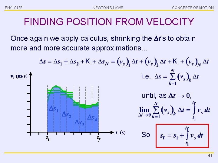PHY 1012 F NEWTON’S LAWS CONCEPTS OF MOTION FINDING POSITION FROM VELOCITY Once again