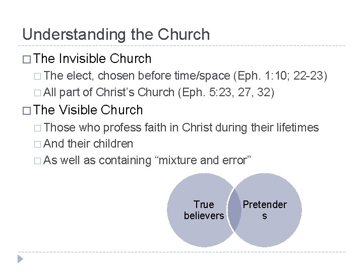 Understanding the Church � The Invisible Church � The elect, chosen before time/space (Eph.