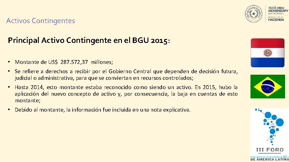 Activos Contingentes Principal Activo Contingente en el BGU 2015: • Montante de US$ 287.