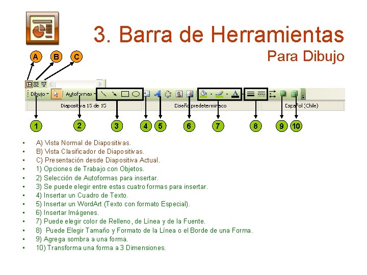 3. Barra de Herramientas A 1 • • • • B Para Dibujo C