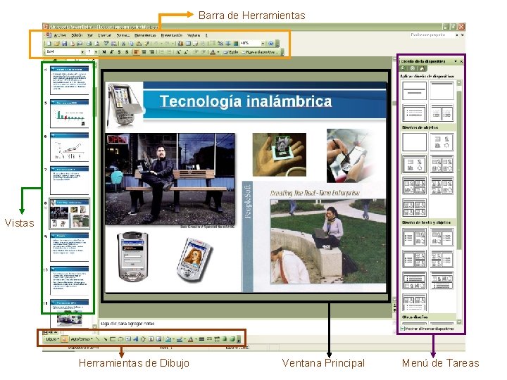 Barra de Herramientas Vistas Herramientas de Dibujo Ventana Principal Menú de Tareas 